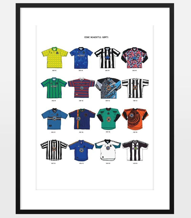 Poster of 16 old retro newcastle united shirts in black frame 